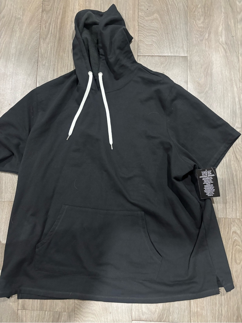 Black Short-Sleeve Hoodie with Drawstrings